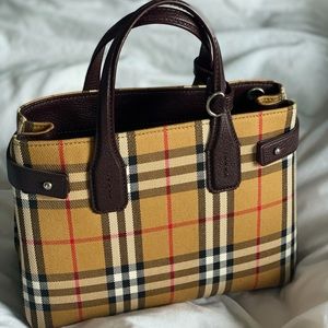 Burberry Small Banner Vintage Check Goat Skin Leather Tote